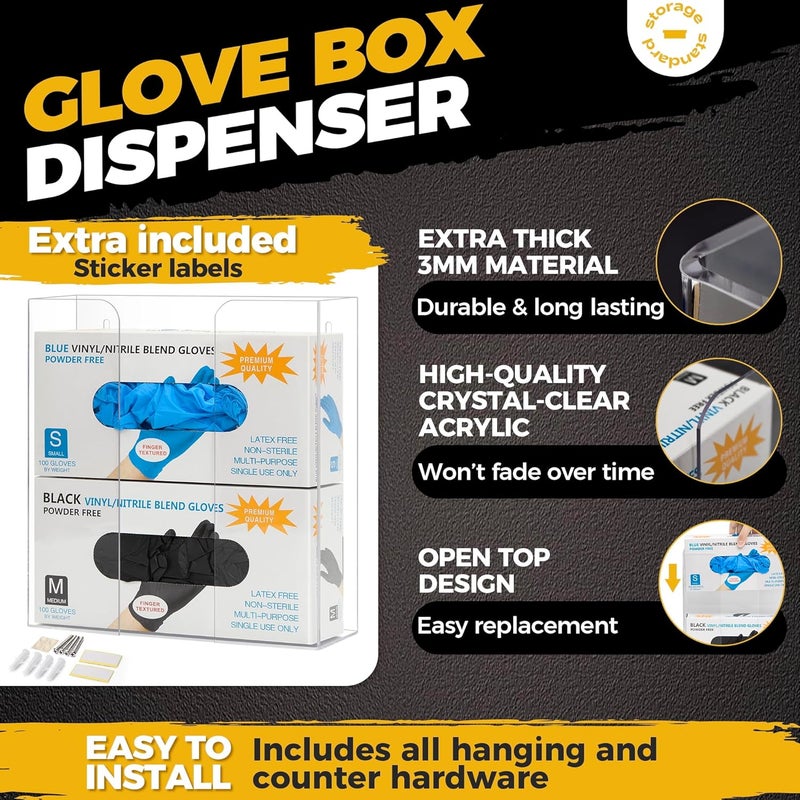 Storage Standard Double Glove Box Holder Dispenser - Kitchen, Medical, & Latex Gloves Holder Wall Mount or Countertop, Universal Fit - Thick Acrylic, Easy to Use, Slide, & Load Open Top Design - Clear - Image 3